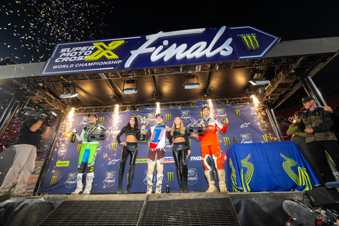 250SX Class podium (racers left to right) Jo Shimoda, Haiden Deegan, and RJ Hampshire. Photo Credit: Feld Motor Sports, Inc.